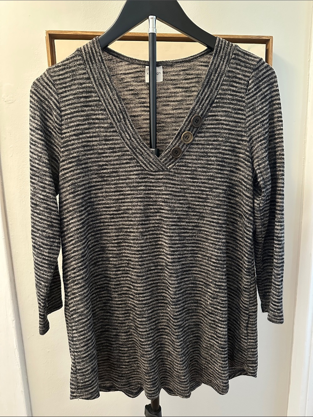 Kaleigh Striped V-Neck Button Detail Women's Top - Black & Gray with 3/4 Sleeves